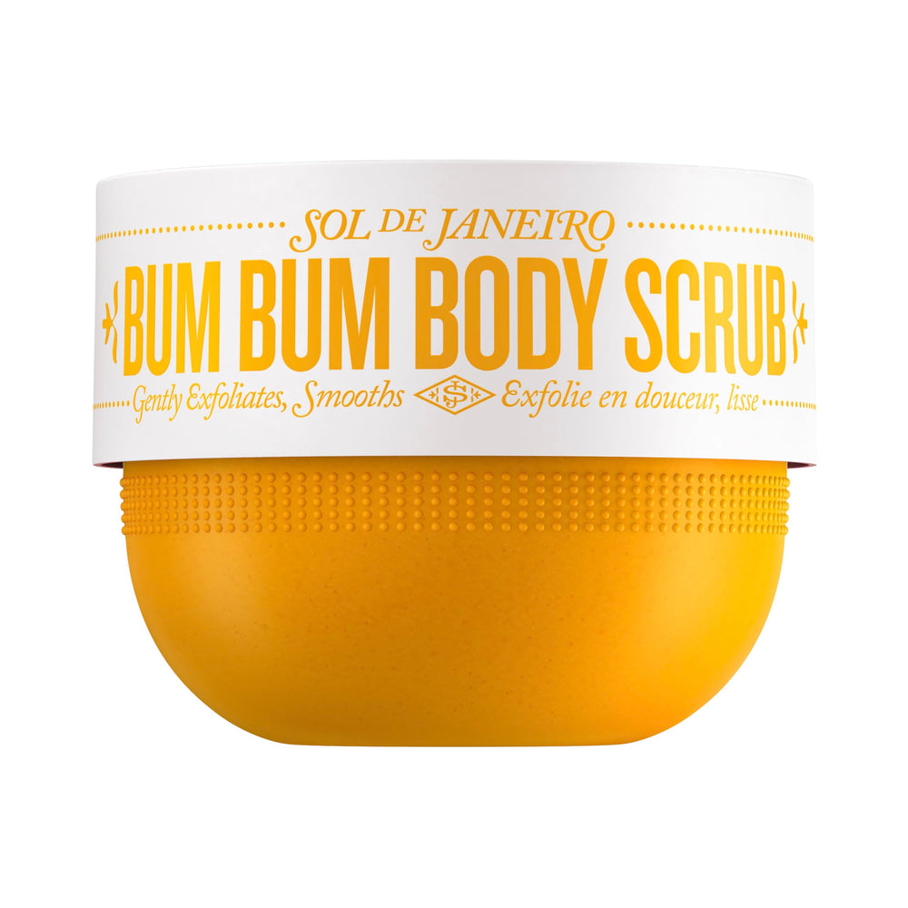 Sol de Janeiro Bum Bum Body Scrub packaged tub provides gentle exfoliation for smoother skin.