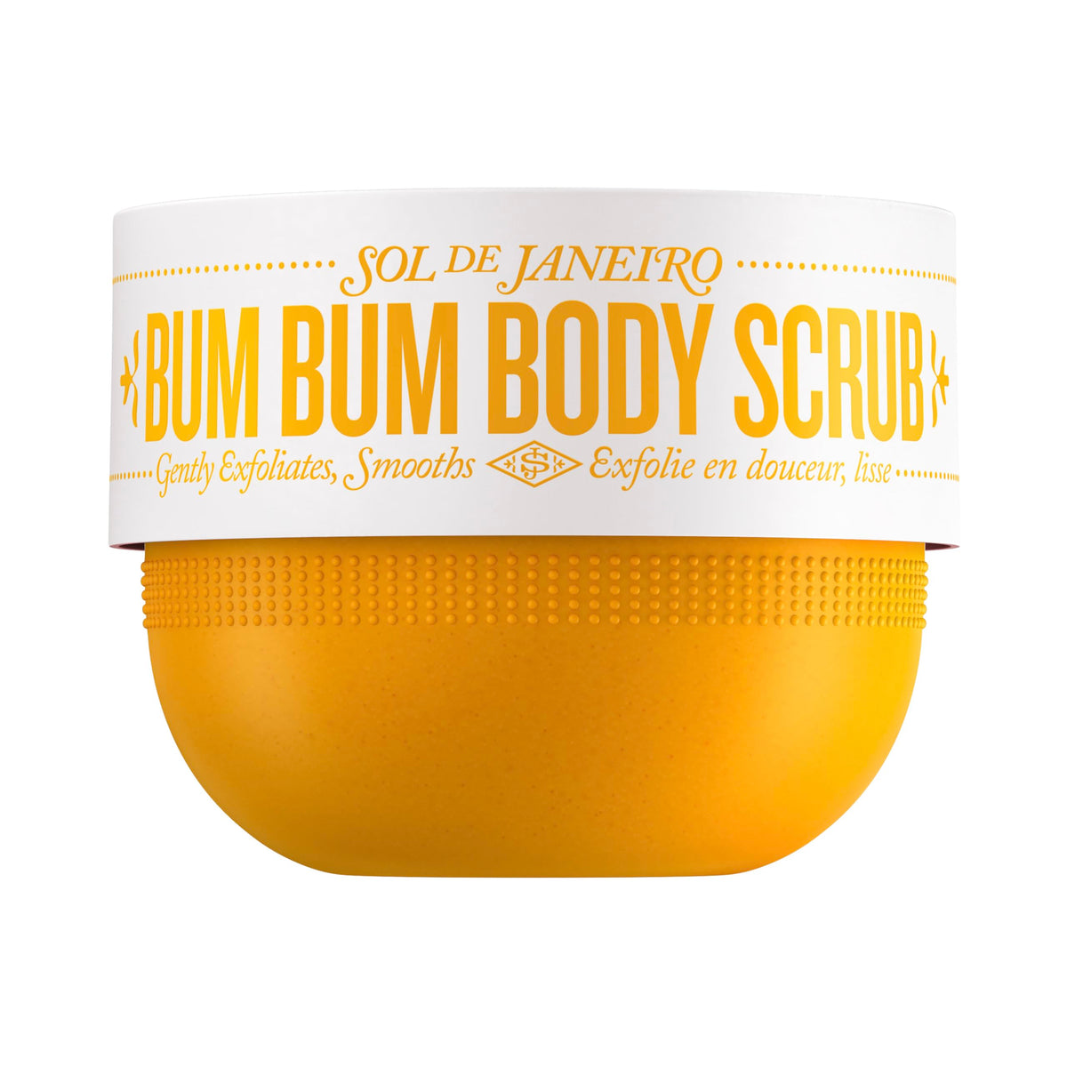 Sol de Janeiro Bum Bum Body Scrub packaged tub provides gentle exfoliation for smoother skin.
