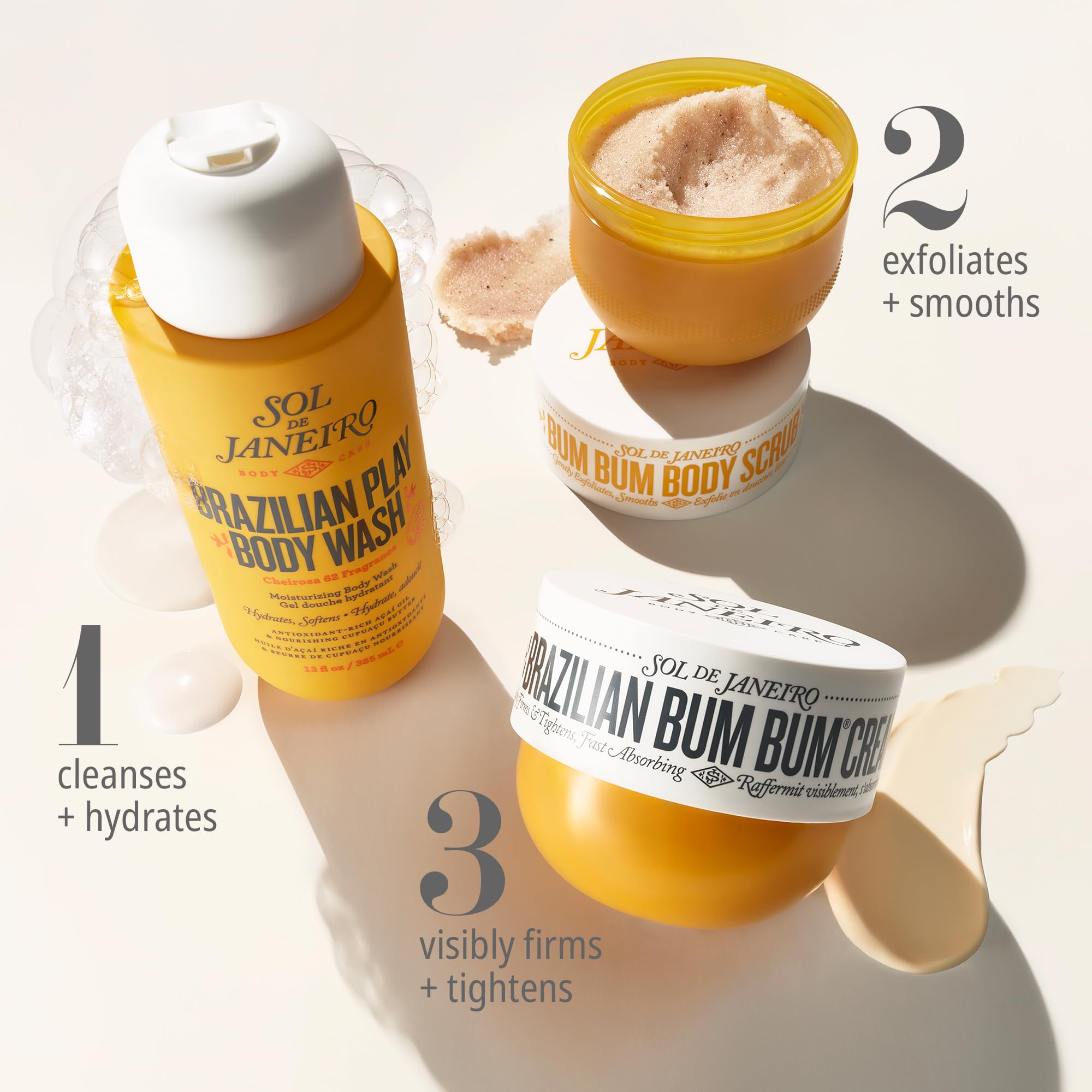 Sol de Janeiro Bum Bum Body Scrub packaging shows nourishing coconut oil for healthier-looking skin.