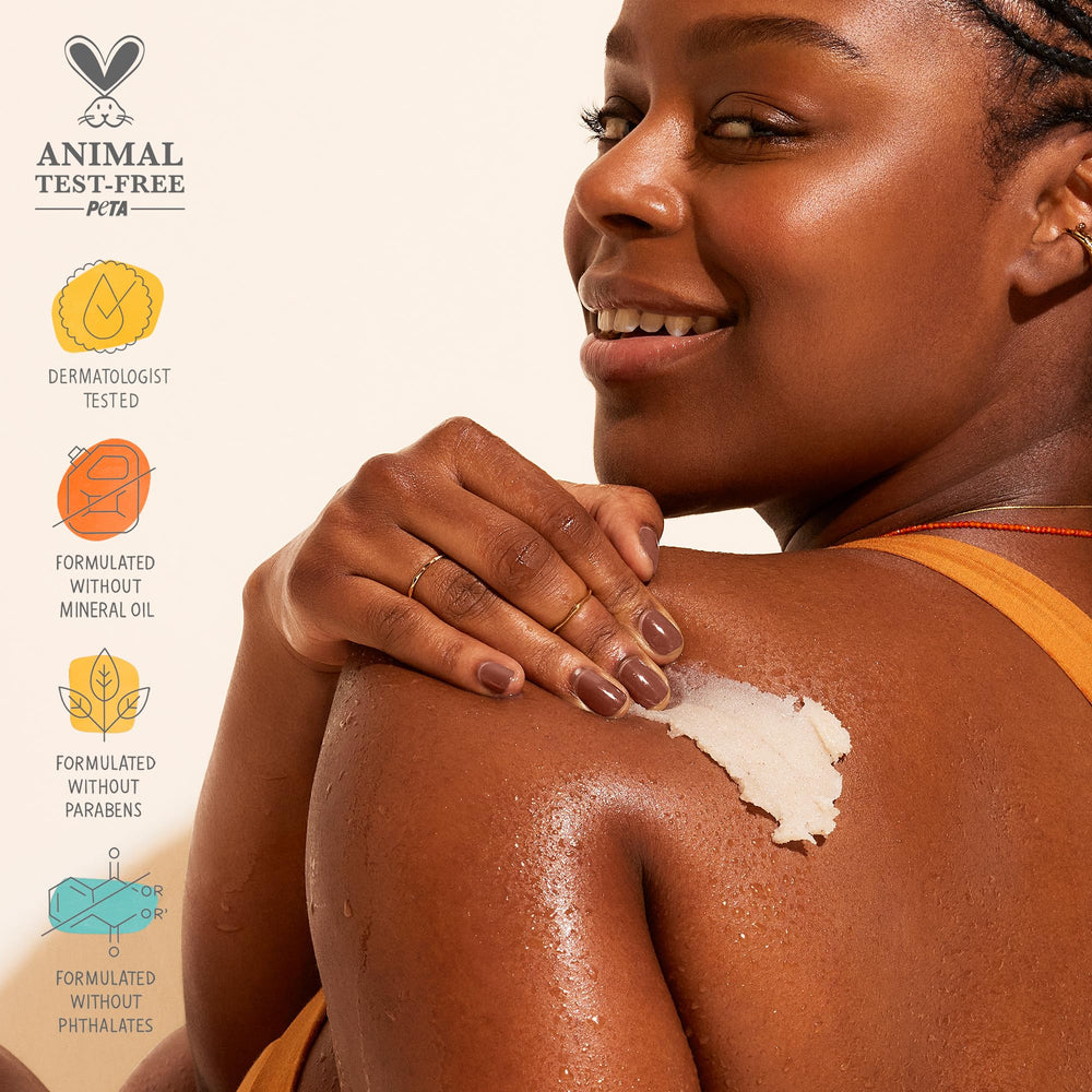 Sol de Janeiro Bum Bum Body Scrub shimmering particles offer subtle glow during use.