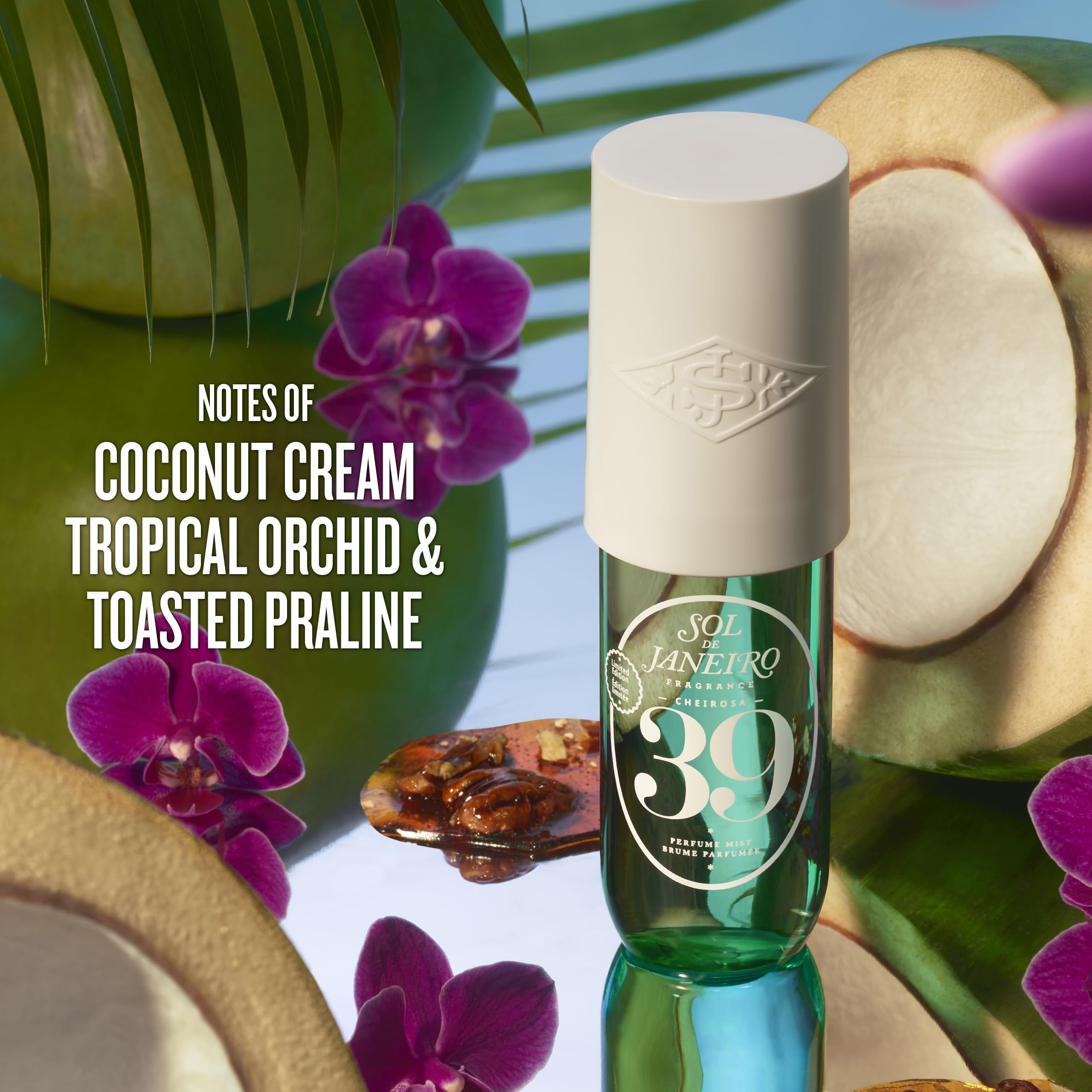 Sol de Janeiro Cheirosa 39 mist application close-up for a light tropical aroma.