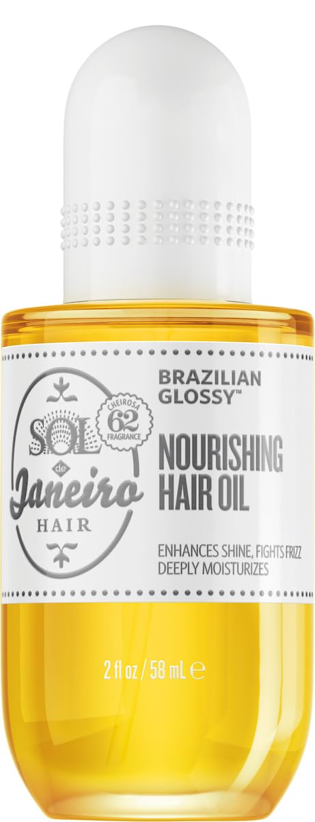 Sol de Janeiro glossy nourishing hair oil bottle highlights rich shine potential for frizz control