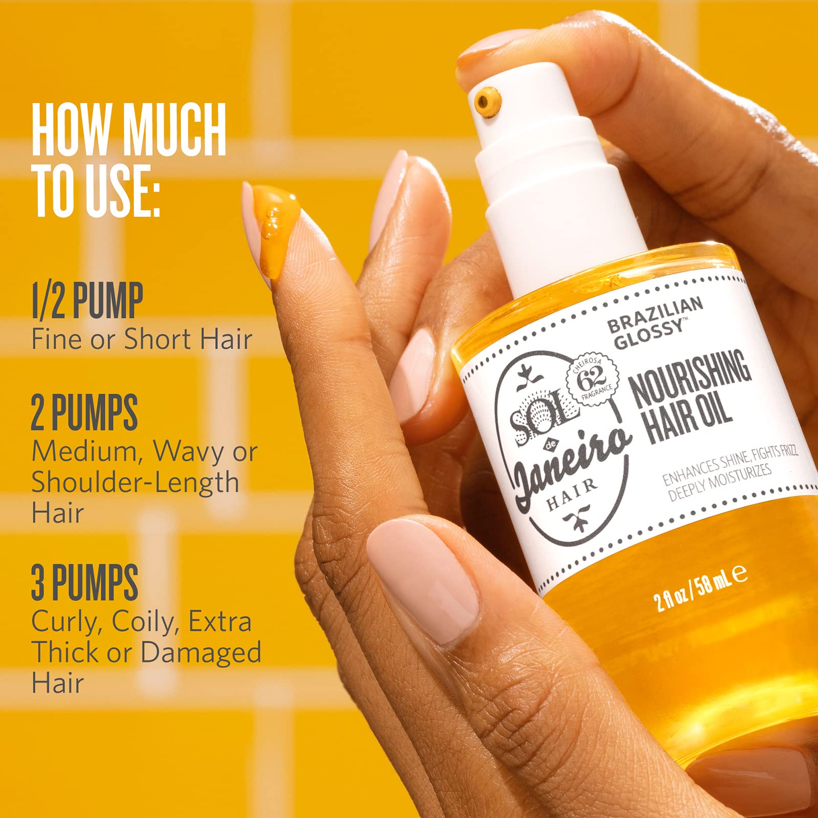 Portrait of hair with glossy shine after applying Sol de Janeiro oil