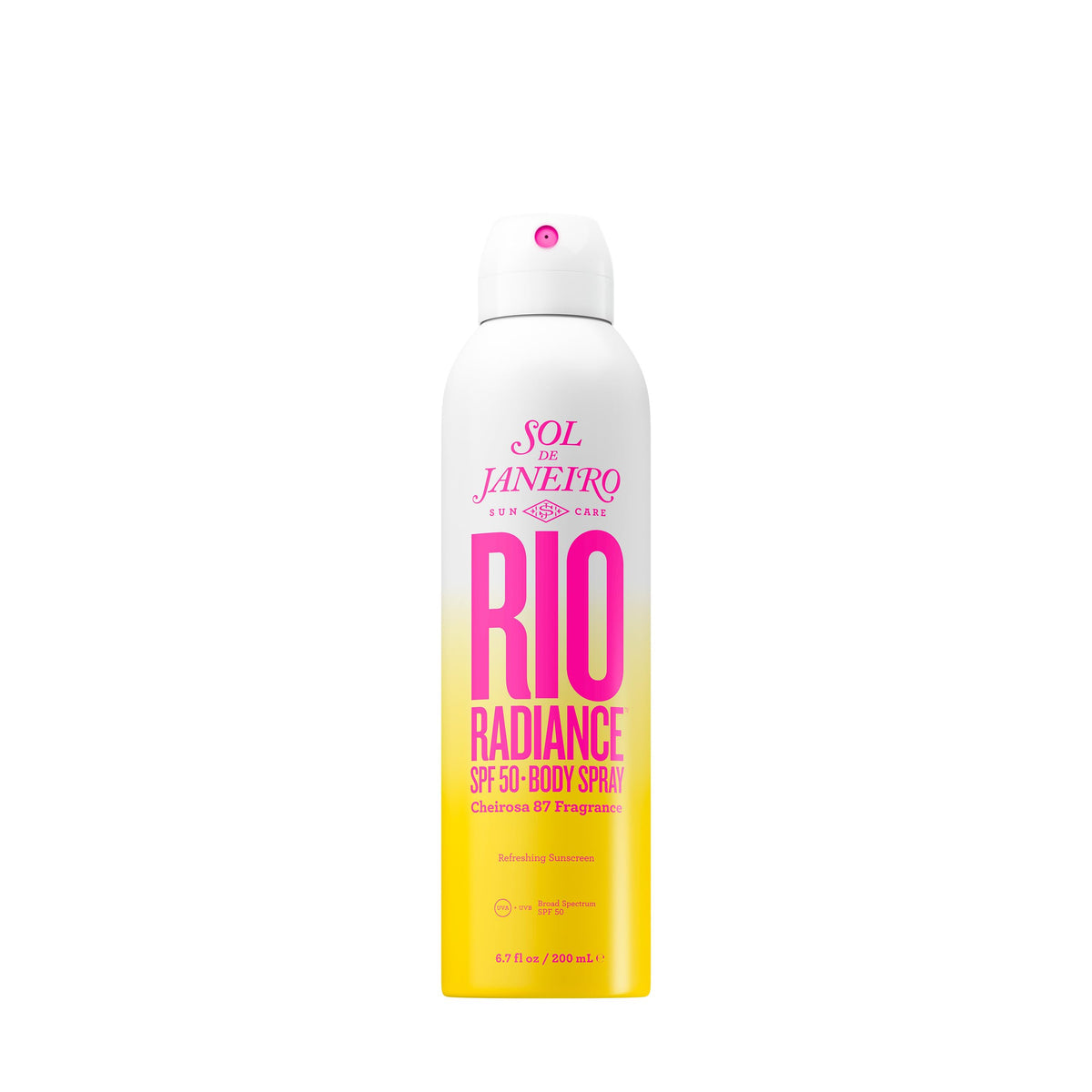 Sol de Janeiro Rio Radiance SPF 50 body spray bottle front showing natural sheen