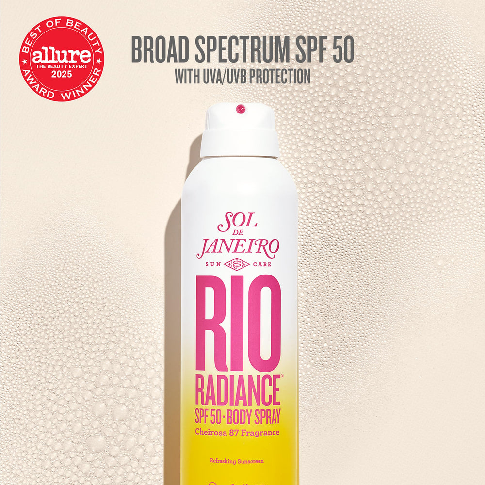 Sol de Janeiro Rio Radiance SPF 50 body spray bottle side view highlights portable hydration