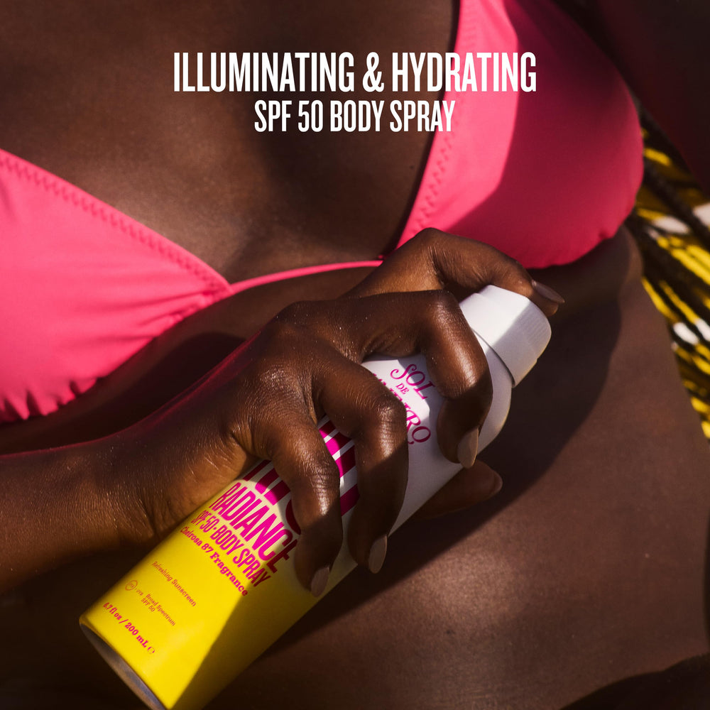 Sol de Janeiro Rio Radiance SPF 50 mist demonstrates easy, even coverage for active days