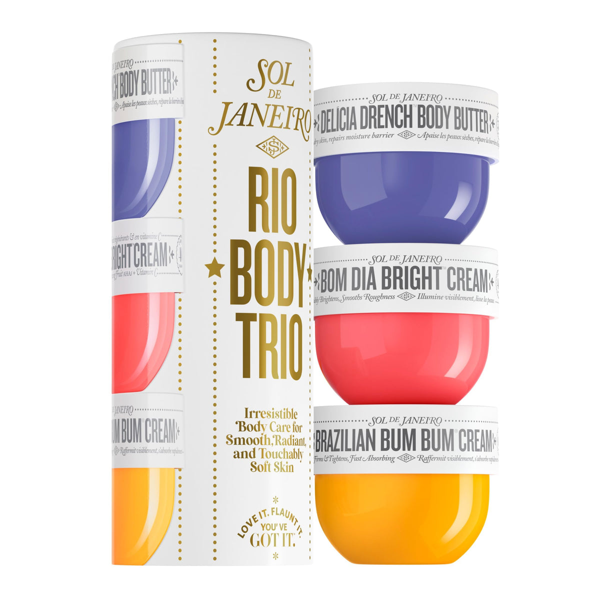 Sol de Janeiro Rio Trio Mini Discovery Set image shows three vanilla body creams for travel-ready hydration.