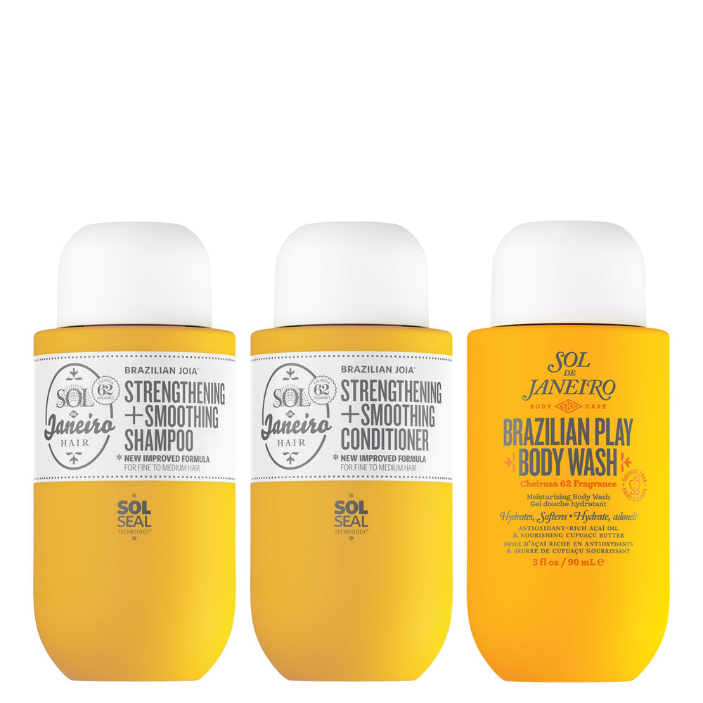Sol de Janeiro Ultimate Shower Bundle packaging showing travel-friendly size for routines