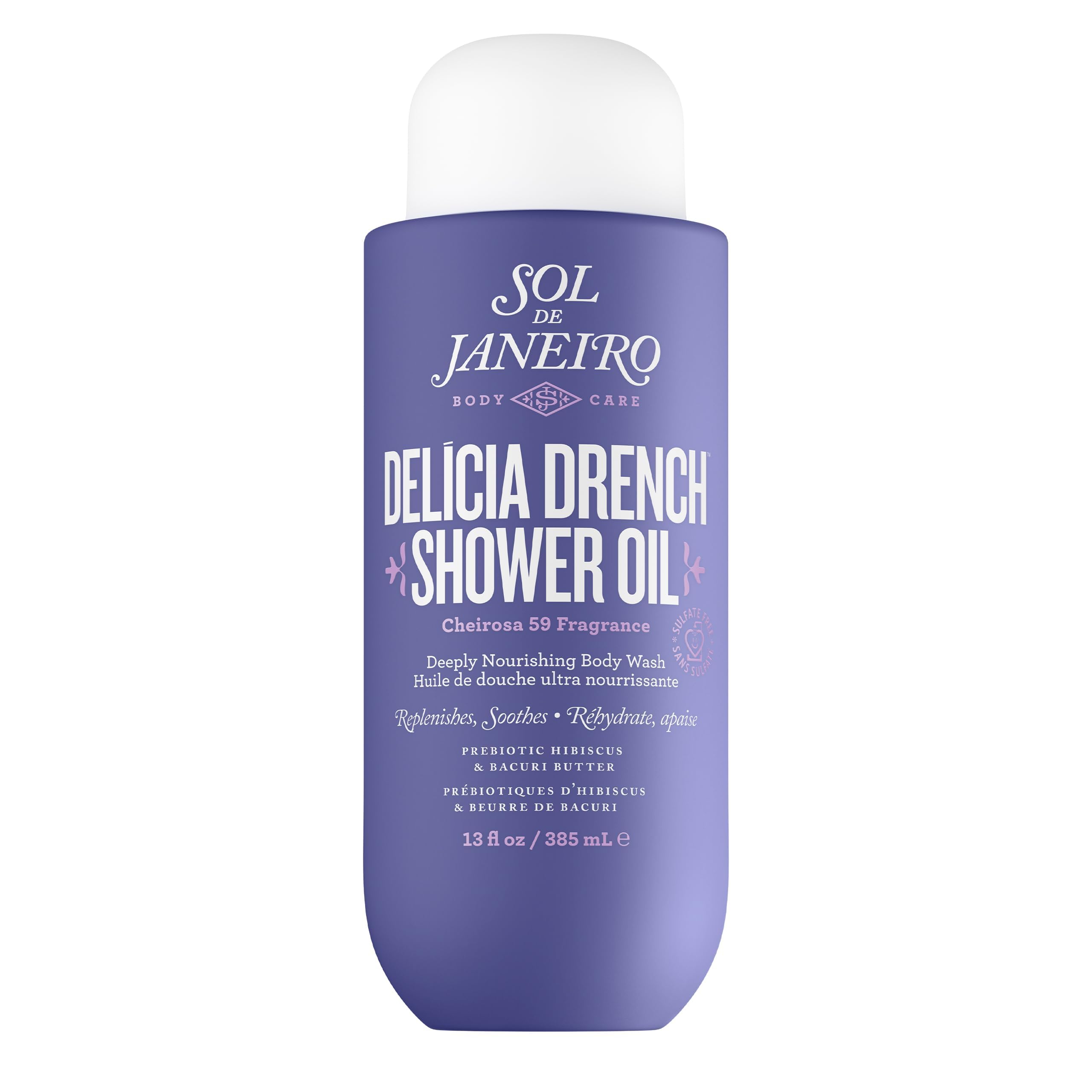 Sol de Janeiro Delicia Drench Shower Oil bottle showcases nourishing formula for silky skin.