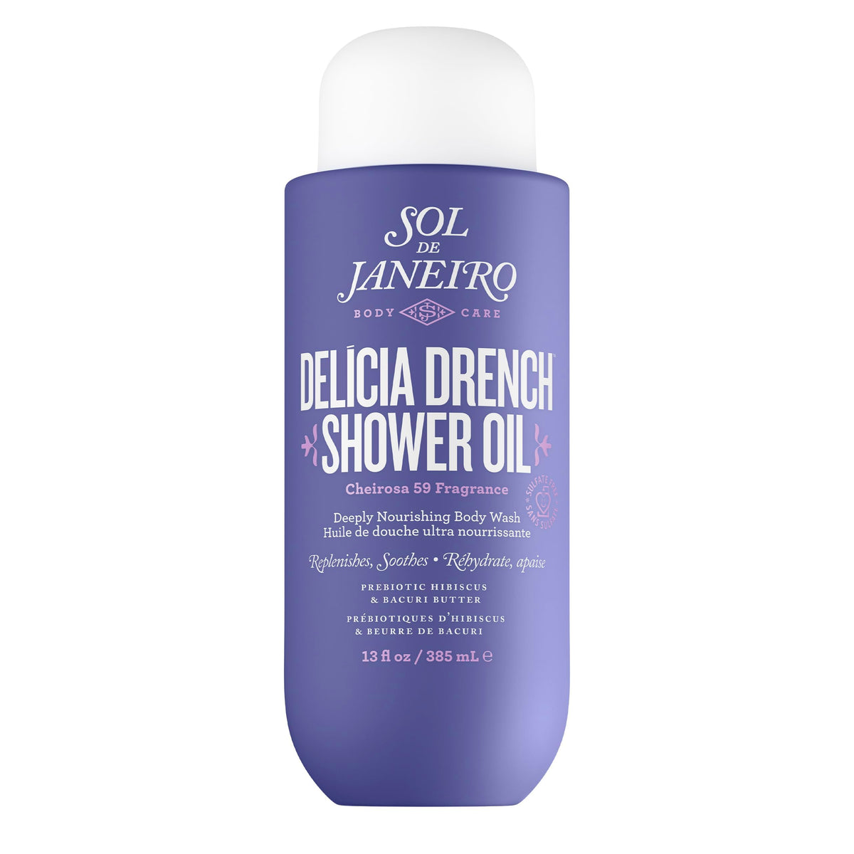 Sol de Janeiro Delicia Drench Shower Oil bottle showcases nourishing formula for silky skin.