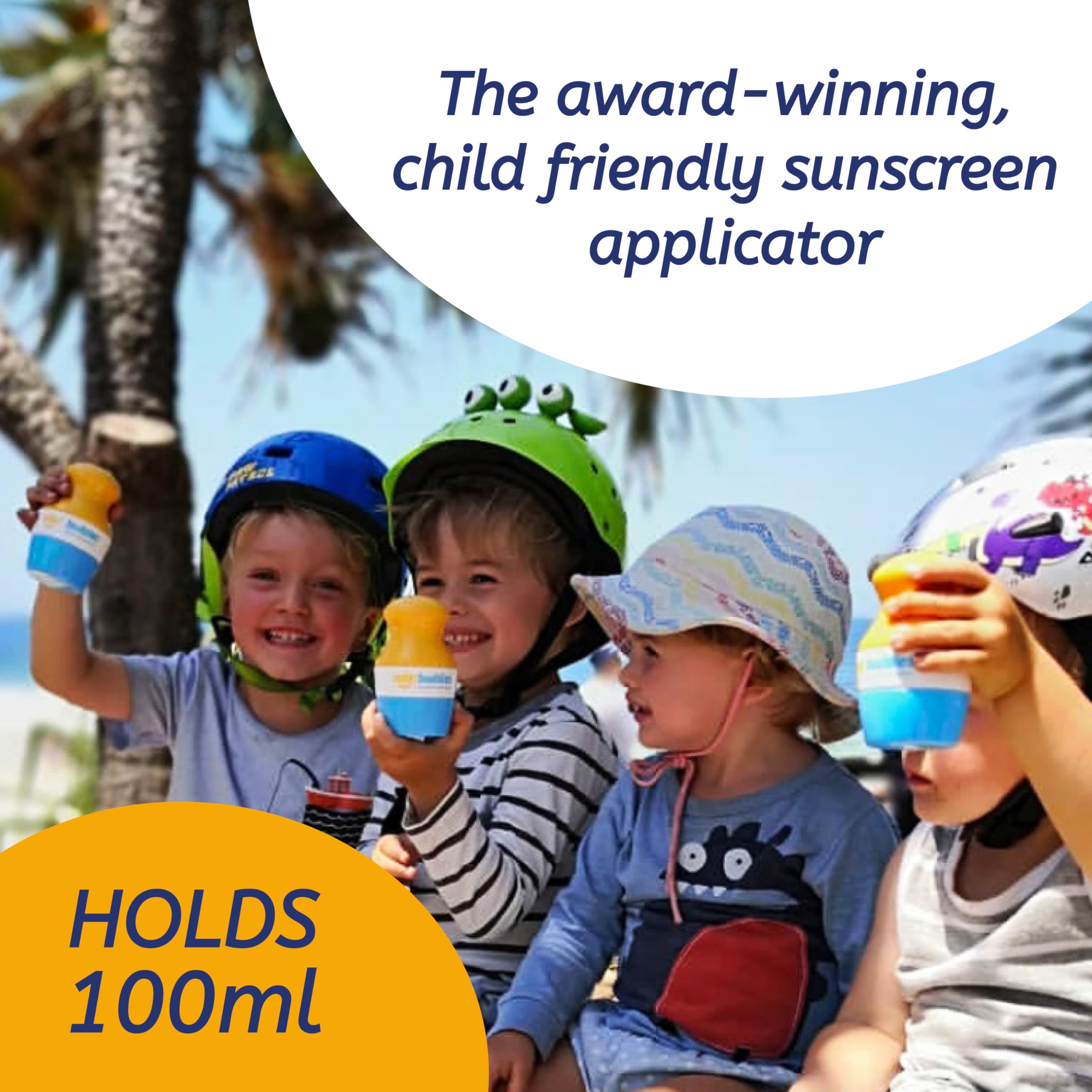 Solar Buddies Sunscreen Applicator with fill indicator showing 100ml capacity for travel