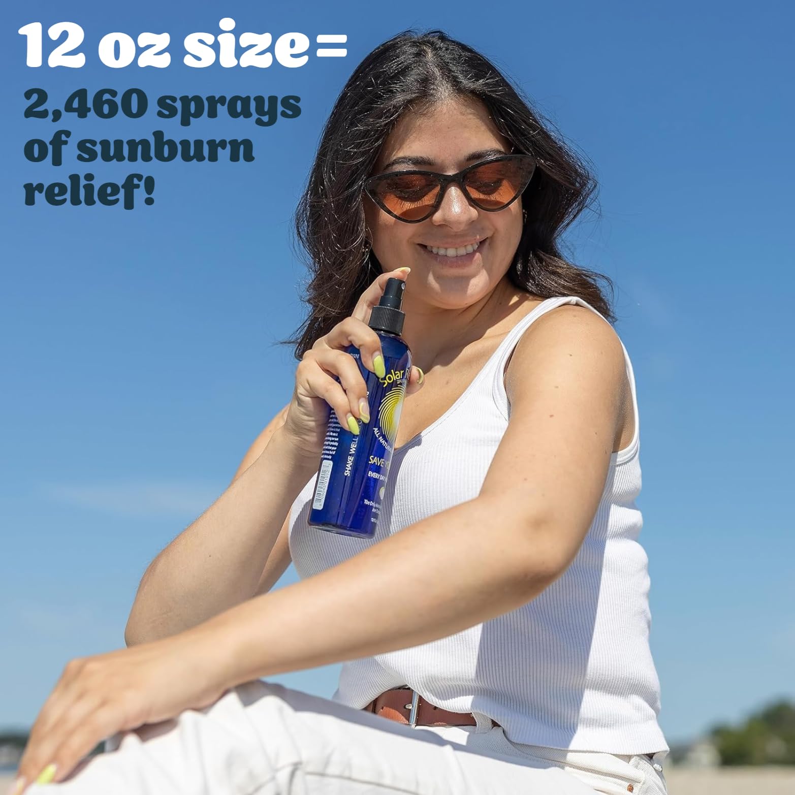 Solar Recover after-sun spray mist application on skin for cooling relief.