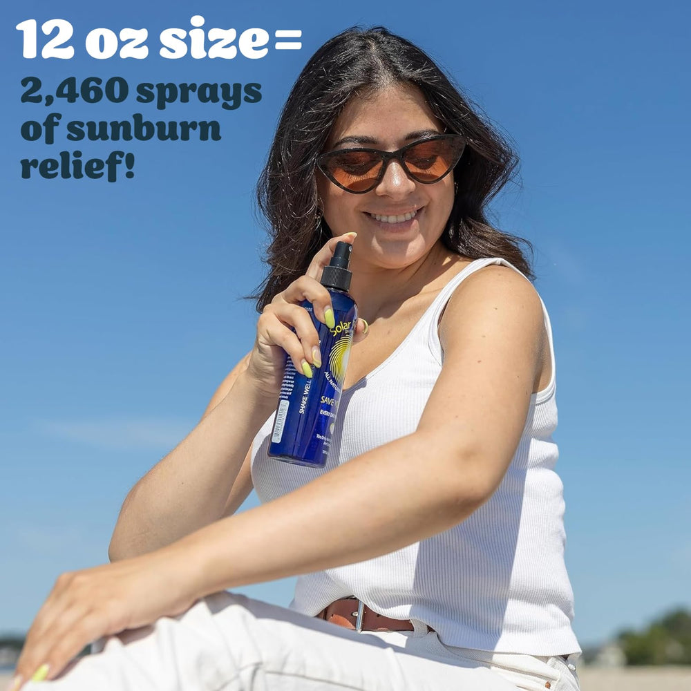 Solar Recover after-sun spray mist application on skin for cooling relief.
