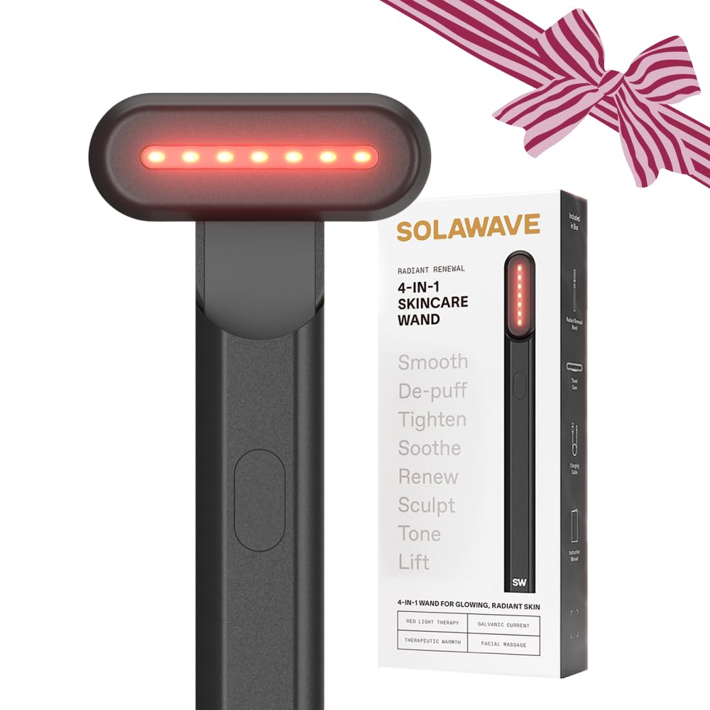Solawave 4-in-1 wand on face and neck for easy at-home skincare.