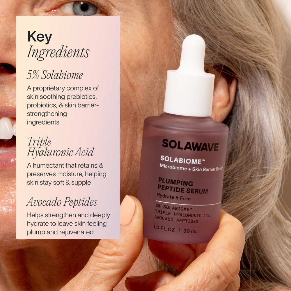 Solawave Plumping Peptide Lifting Serum application shot shows smooth application on face and neck.