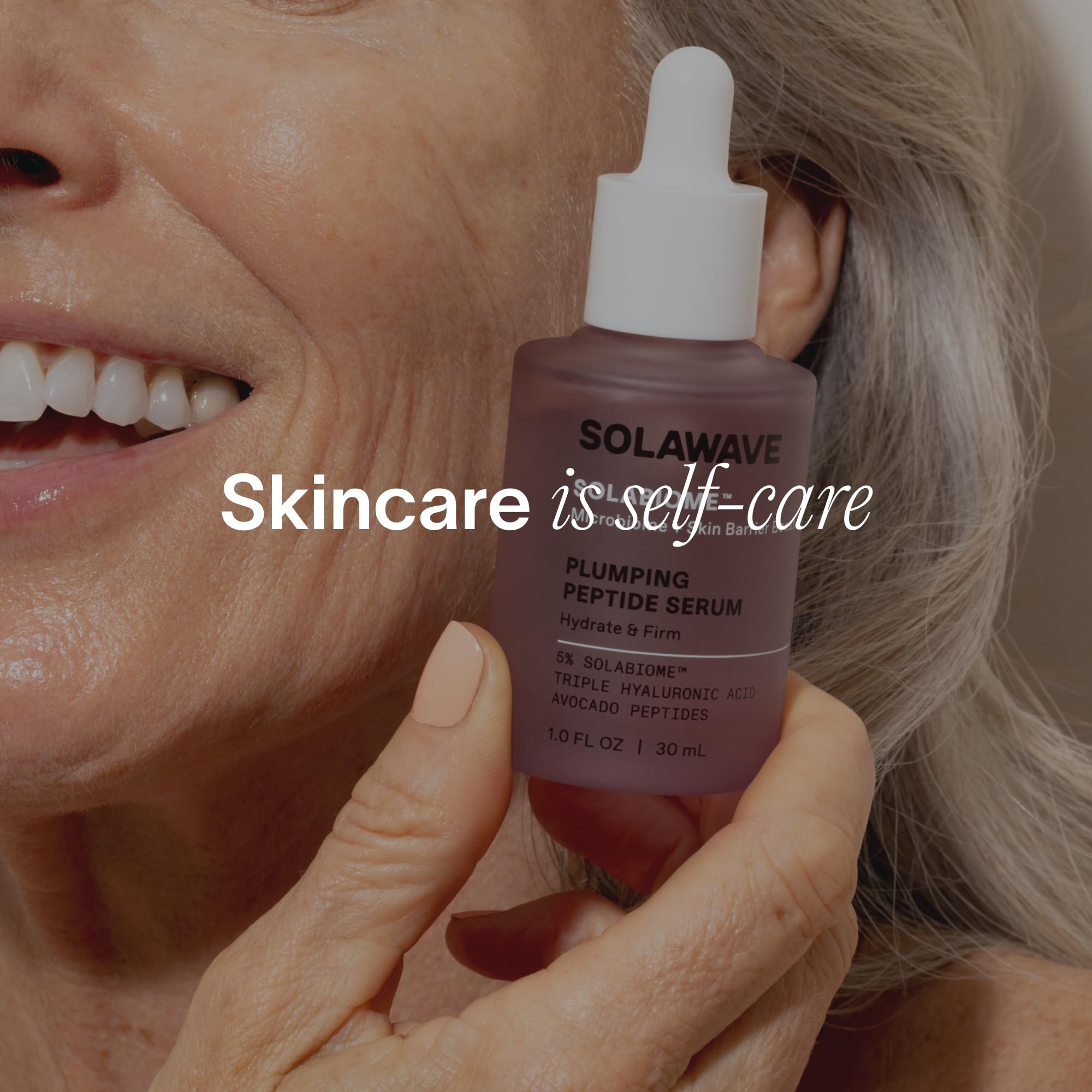 Solawave Plumping Peptide Lifting Serum back label highlights clean formula for all skin types and gentle use.