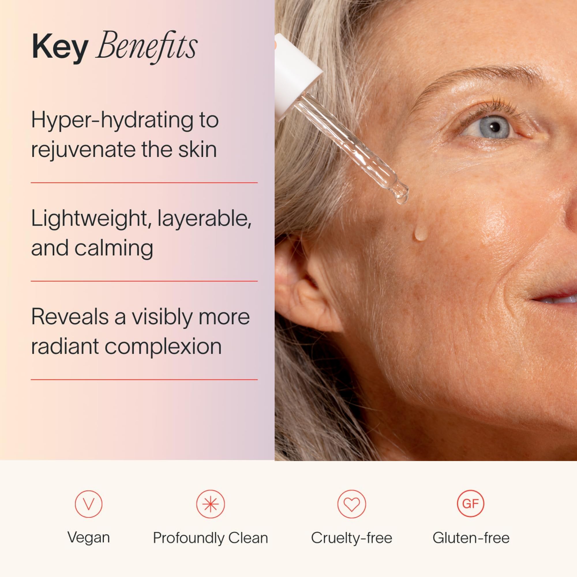 Solawave Plumping Peptide Lifting Serum ingredient close-up showcases triple hyaluronic acid and probiotic blend.