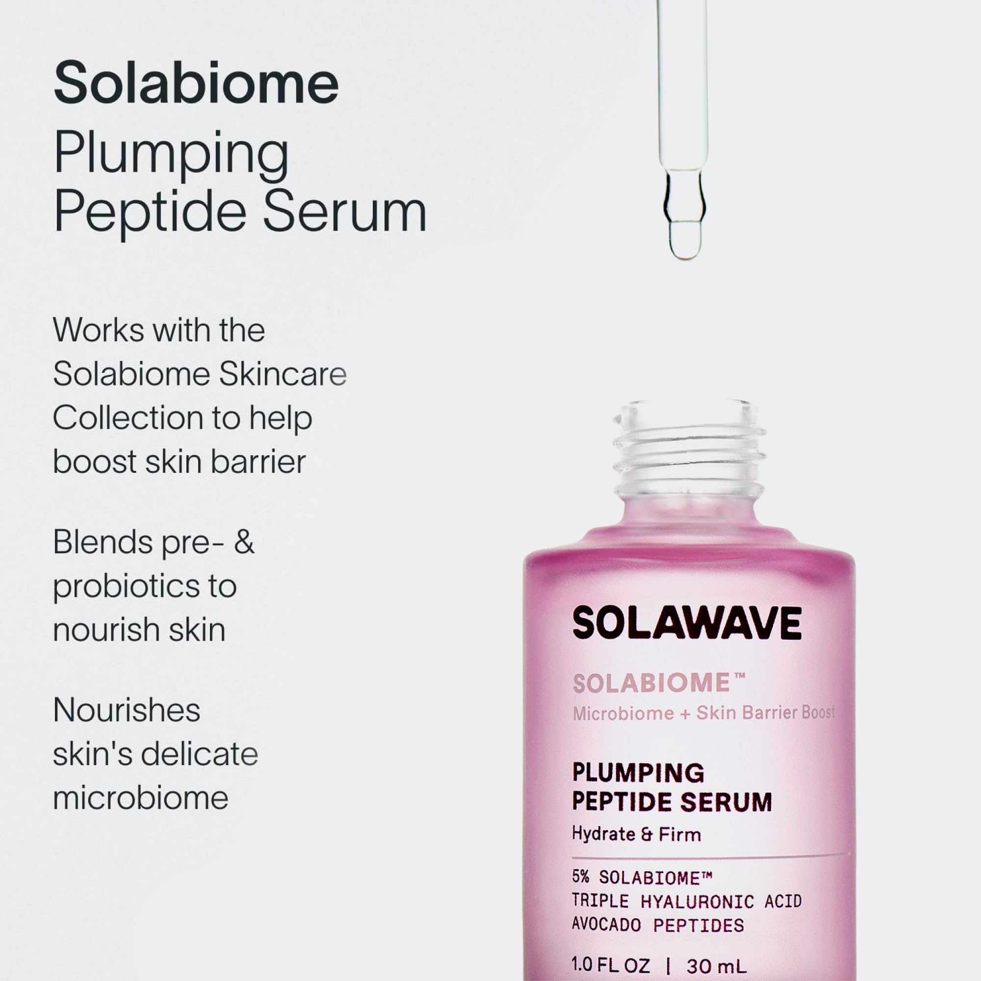Solawave Plumping Peptide Lifting Serum packaging emphasizes vegan peptides and dermatologist-tested safety.