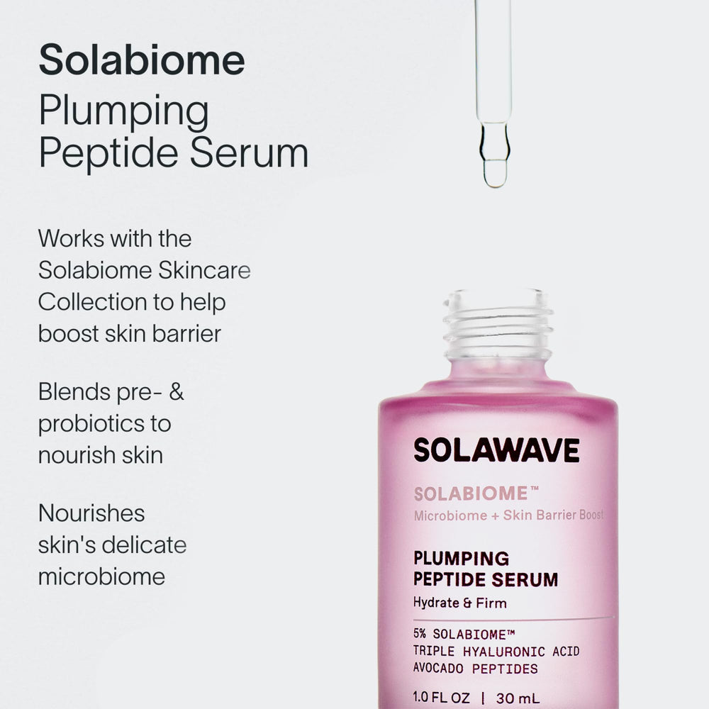 Solawave Plumping Peptide Lifting Serum packaging emphasizes vegan peptides and dermatologist-tested safety.