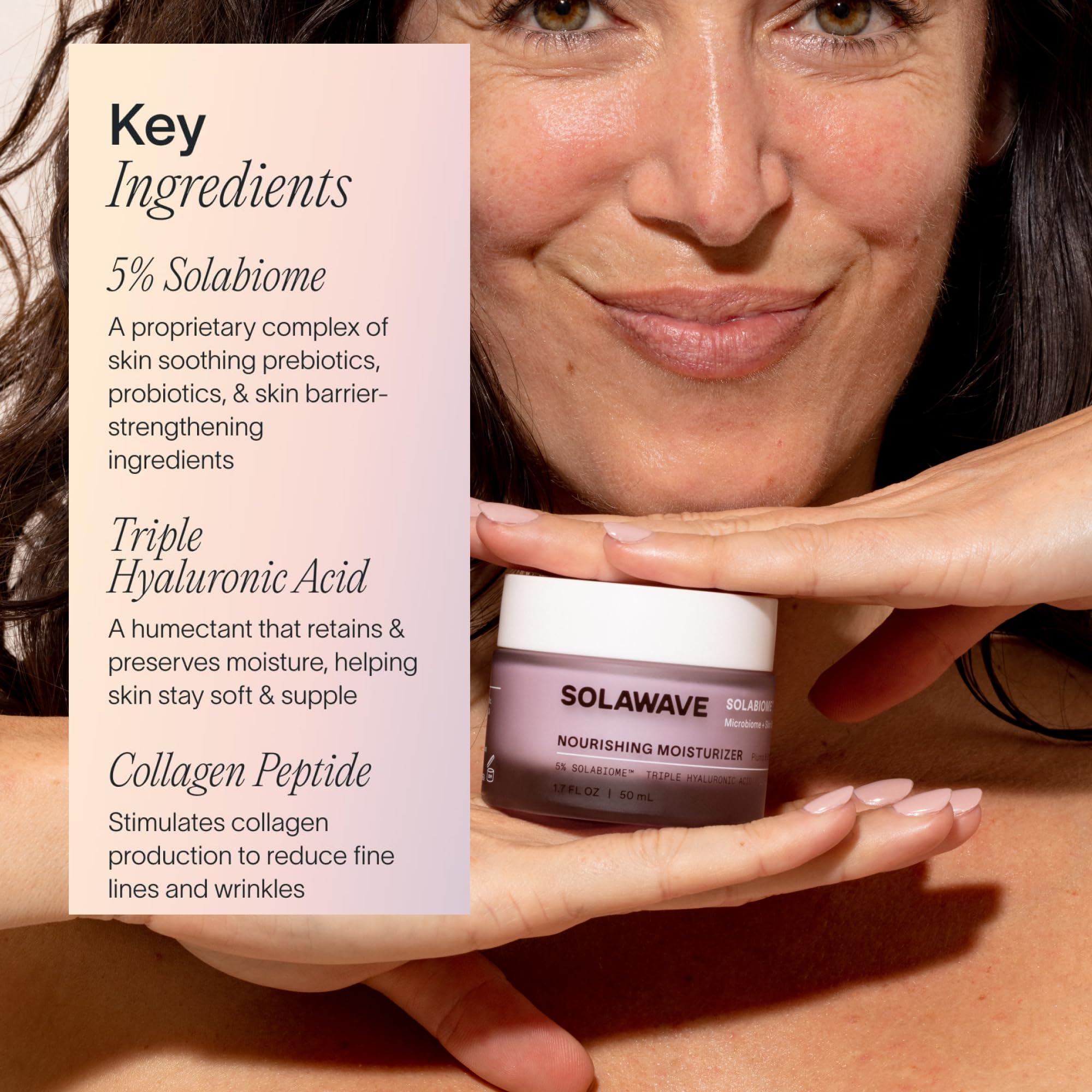 Ingredients panel featuring triple hyaluronic acid and peptides.