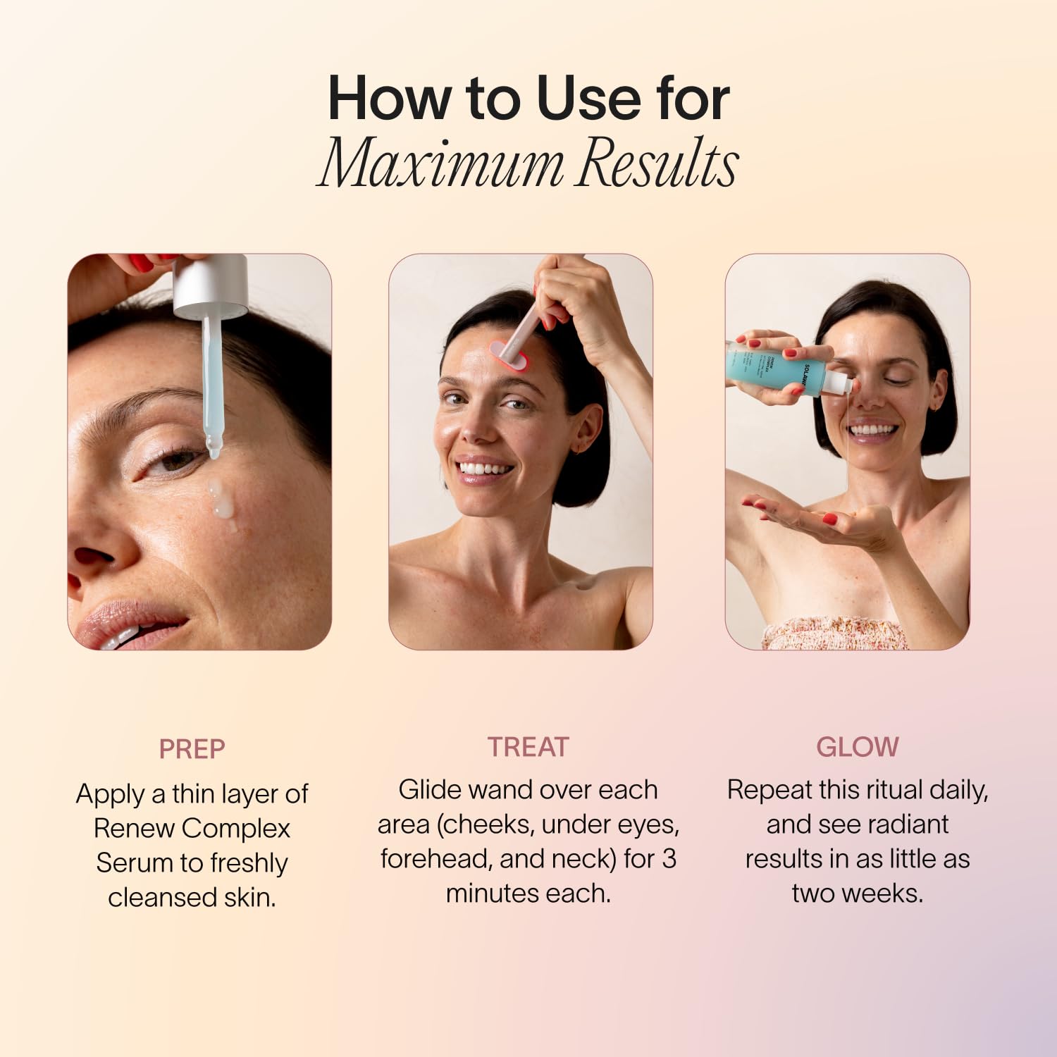 Solawave Renew Complex serum being applied for wand-ready glide.