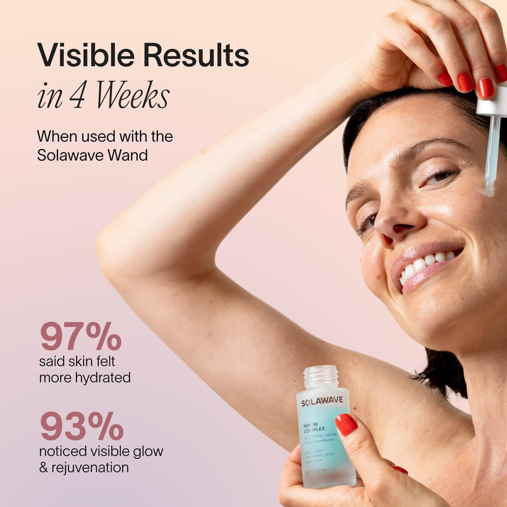 Solawave Renew Complex with Blue Tansy highlights calming benefits before LED sessions.