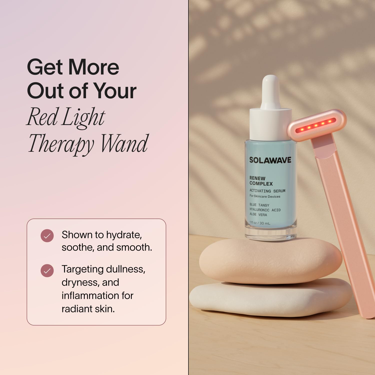 Solawave Renew Complex serum closeup showing light, hydrating texture.