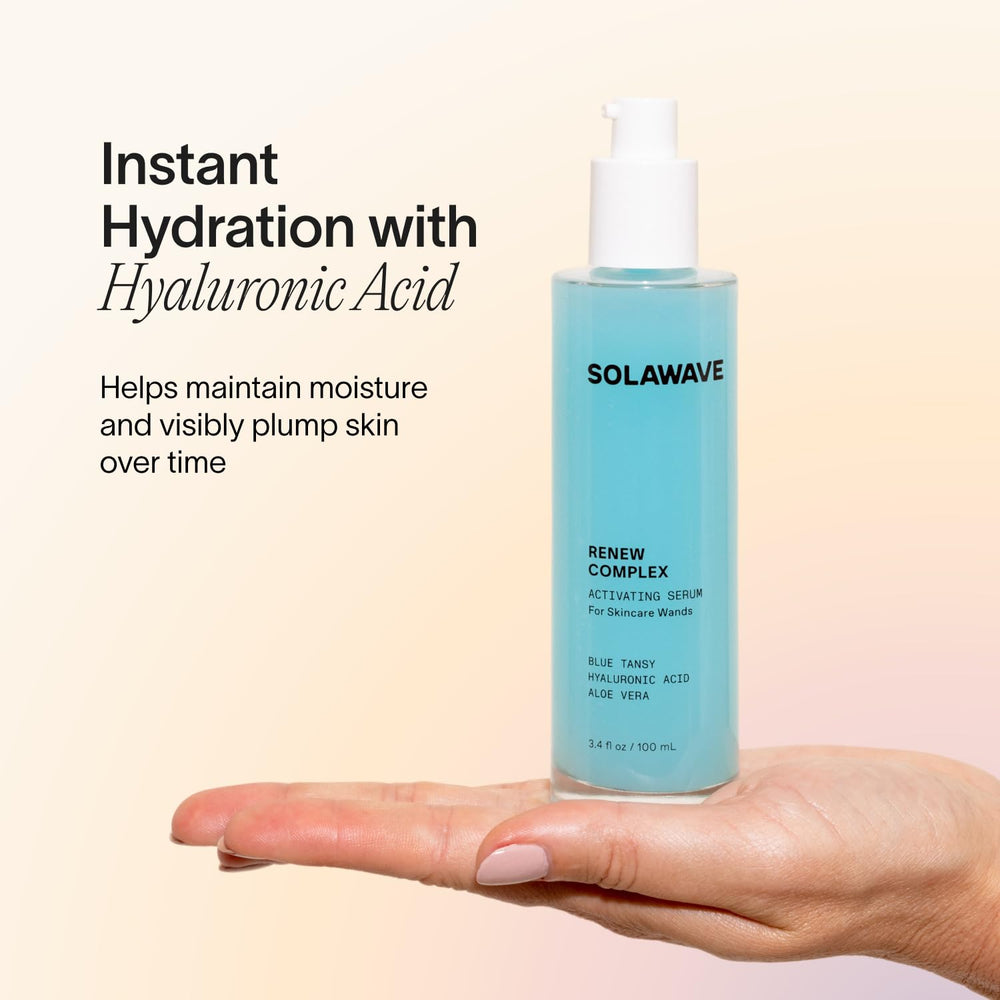 Solawave Renew Complex on face and neck for even hydration.