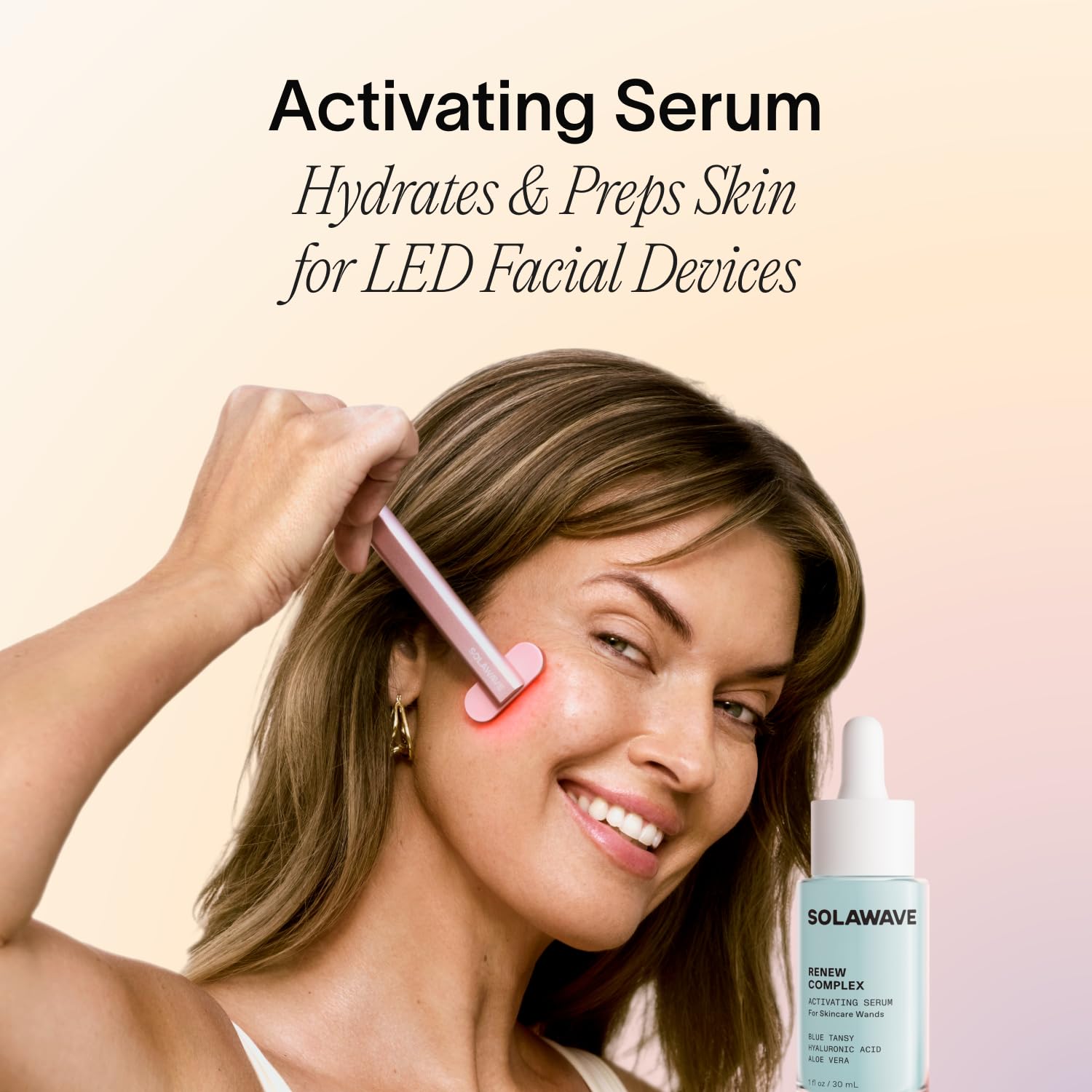 Solawave Renew Complex serum pump top disperses hydrating formula for smooth application.