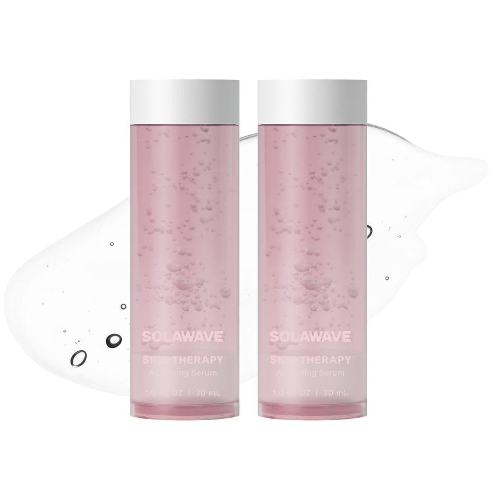 Solawave Skin Therapy Serum bottle showcases hydrating formula for radiant skin
