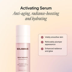 Solawave Wand activating serum bottle closeup shows hydrating hyaluronic acid.