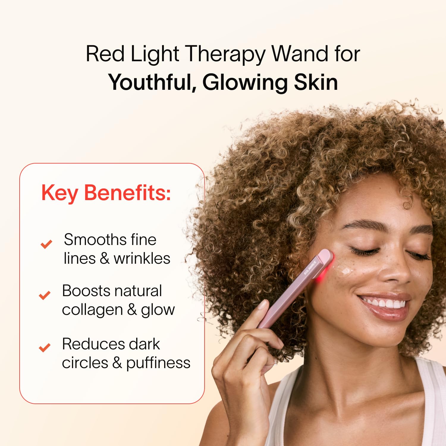 Solawave wand displaying warmth and red-light therapy.