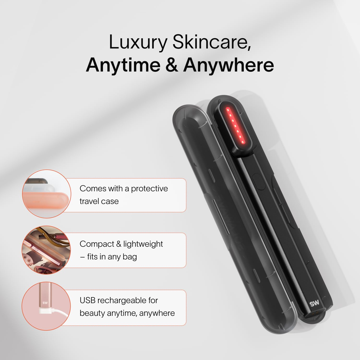 Solawave matte black water-resistant device showing portable skincare capability.
