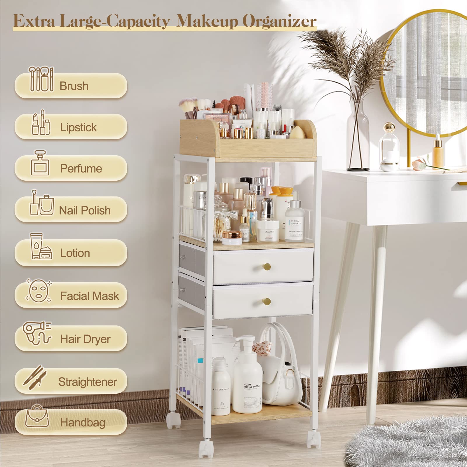 SOLIMINTR makeup organizer with 360° casters for smooth, movable placement.