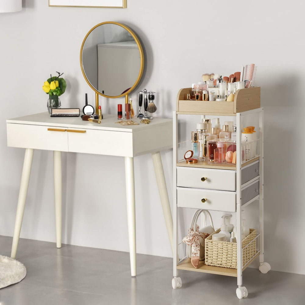 SOLIMINTR makeup organizer middle shelf holds full-size cleansers and toners.