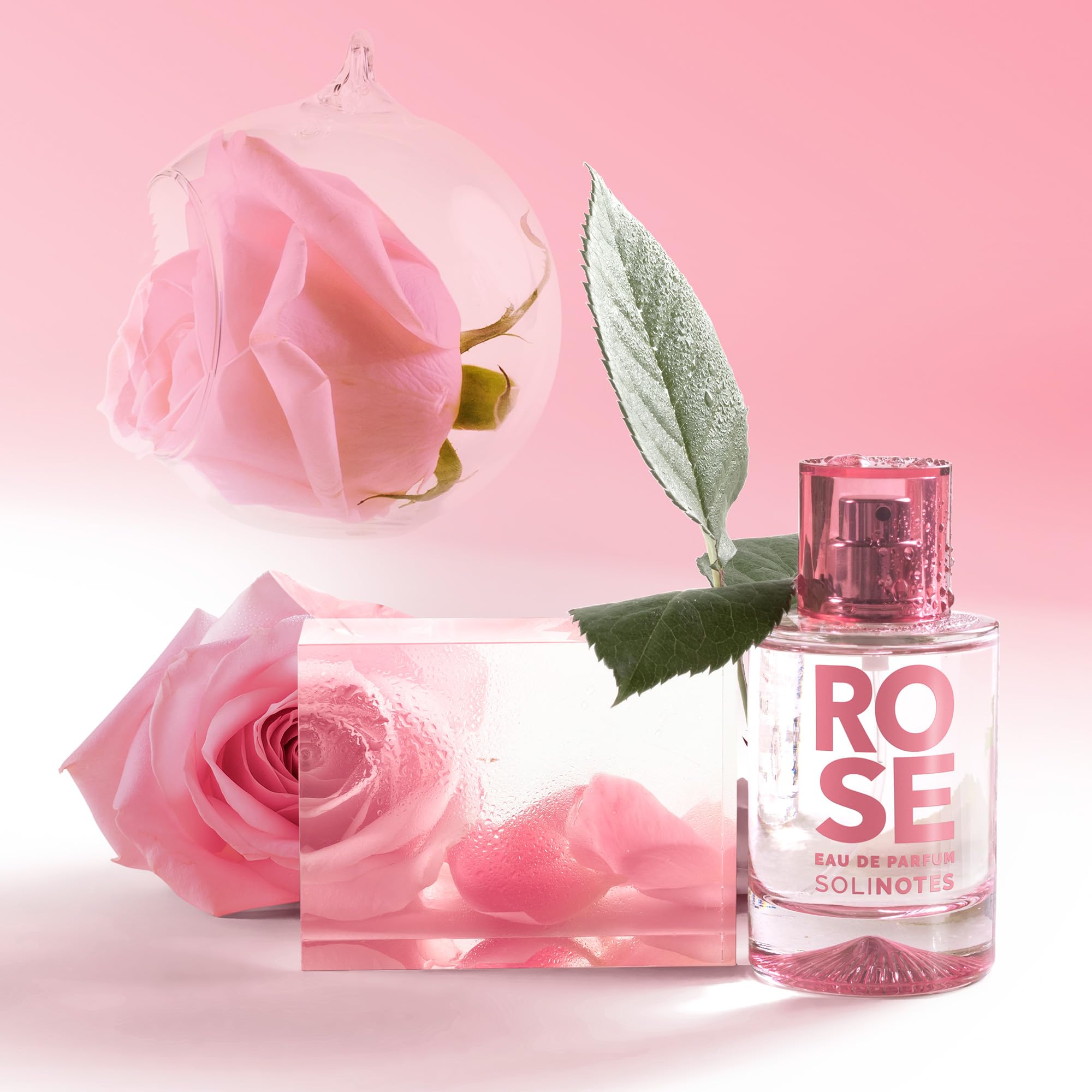 Solinotes Rose perfume bottle close-up highlights clean vegan formula and sophistication