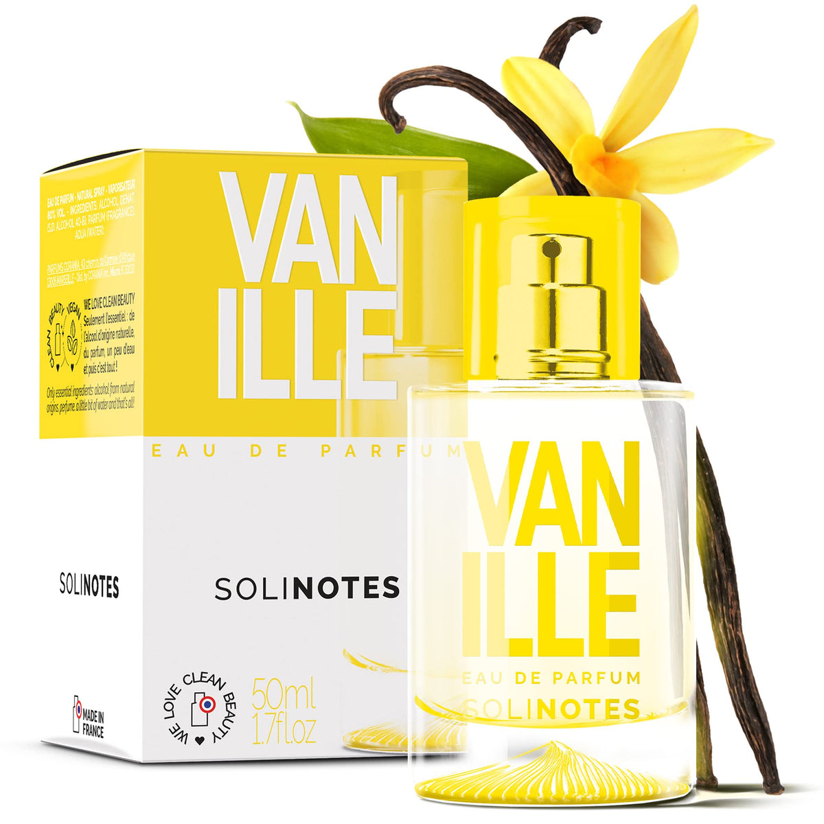 Solinotes Vanilla bottle close-up showing premium vanilla for a refined, mood-elevating unisex scent.