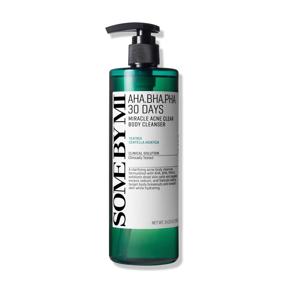SOME BY MI AHA BHA PHA 30 Days Miracle Body Cleanser bottle closeup for gentle exfoliation