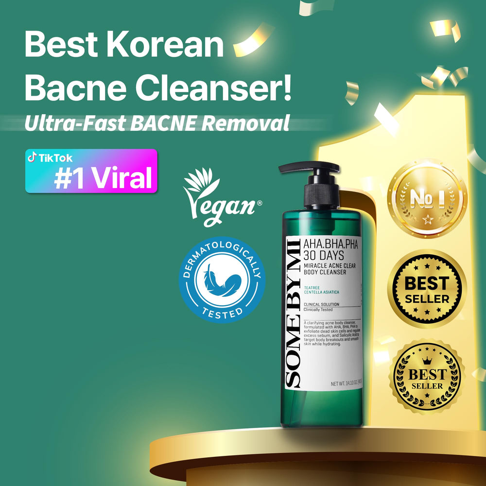 SOME BY MI AHA BHA PHA 30 Days Miracle cleanser tea-tree-leaf graphic emphasizes soothing care and impurity reduction