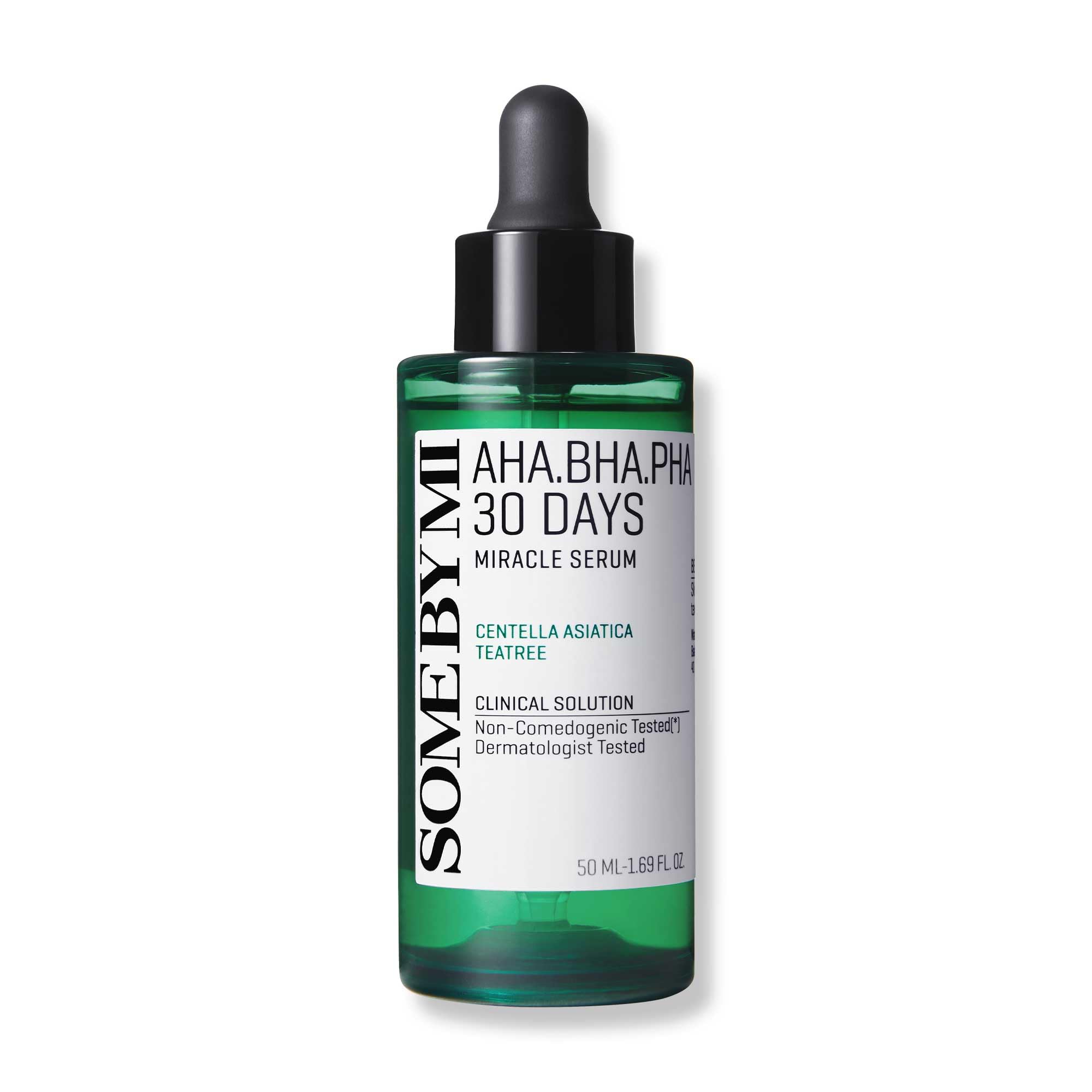 SOME BY MI AHA BHA PHA 30 Days Miracle Serum bottle illustrates easy daily application for clearer skin.