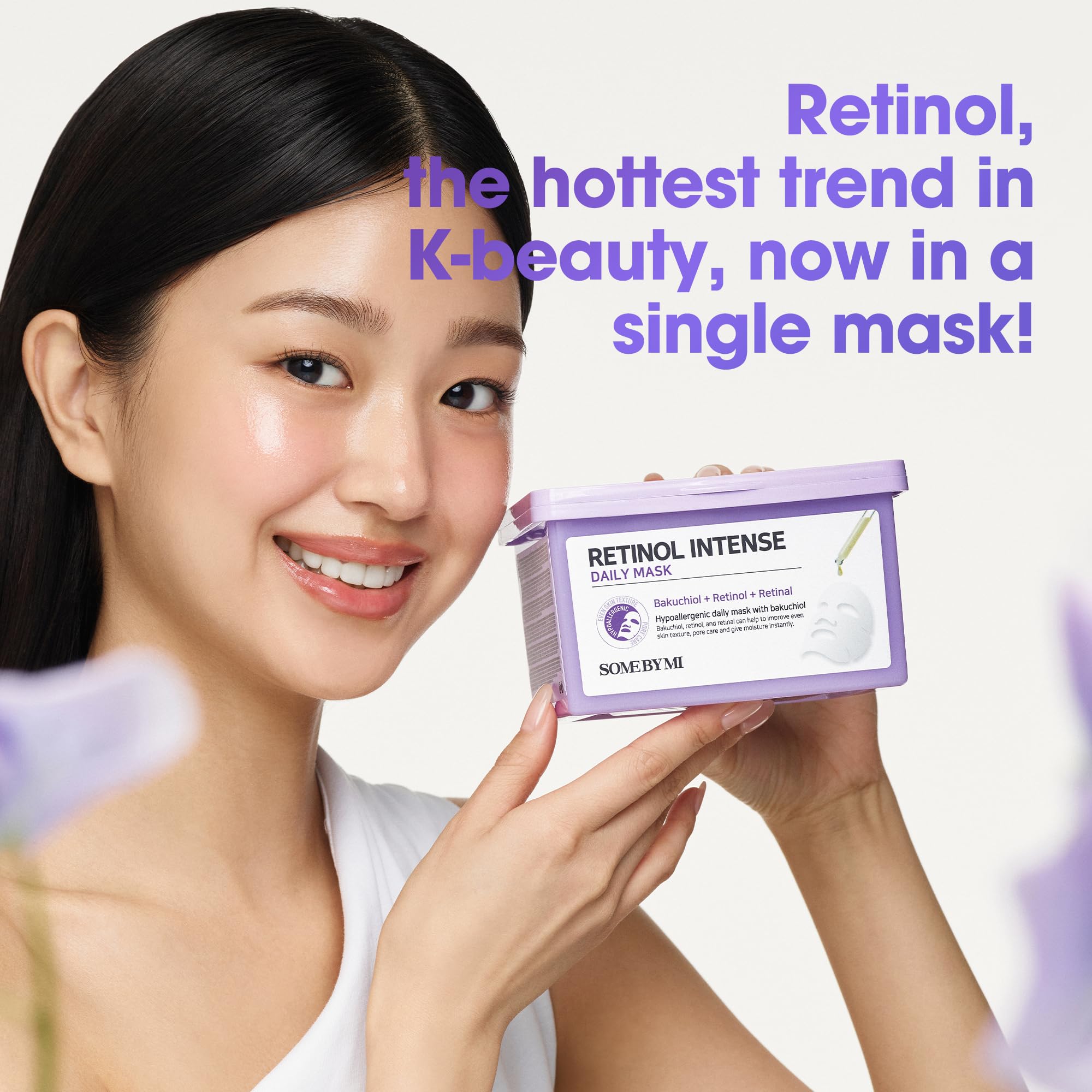 SOME BY MI Retinol Intense Daily Mask pack closeup highlights hydration-rich sheet mask.