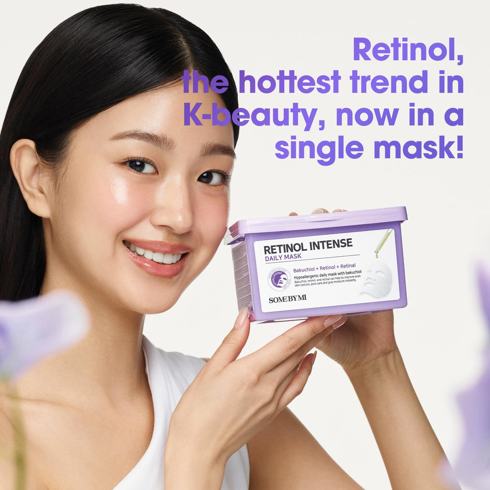 SOME BY MI Retinol Intense Daily Mask pack closeup highlights hydration-rich sheet mask.