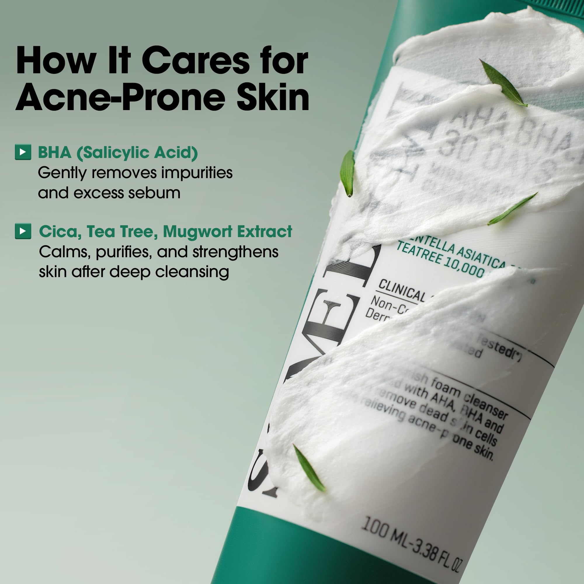 Some By Mi Truecica calming ingredient face foam image suggests soothing, irritation-free use.