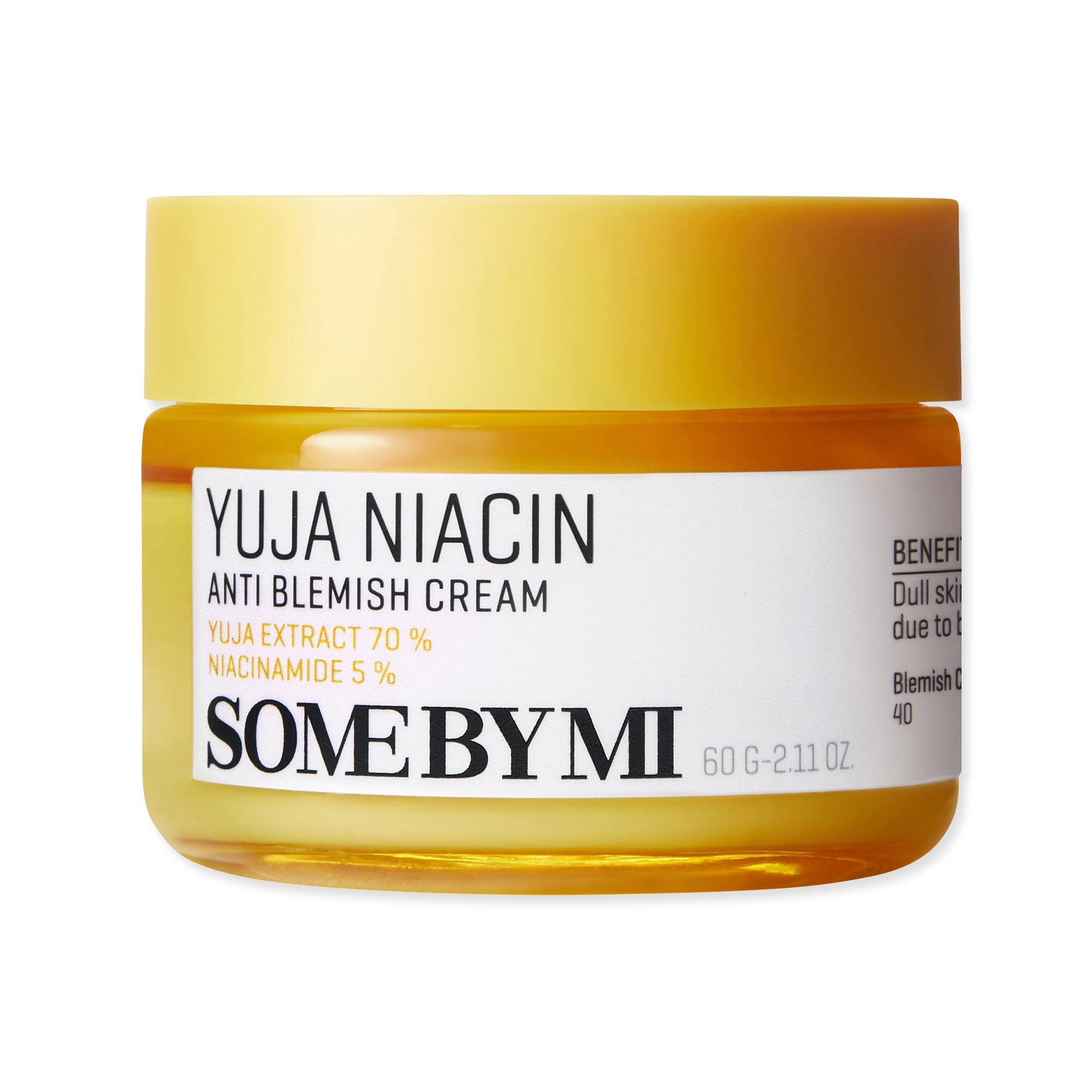SOME BY MI Yuja Niacin Anti Blemish Cream jar closeup showing creamy texture and brightening potential.