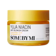 SOME BY MI Yuja Niacin Anti Blemish Cream jar closeup showing creamy texture and brightening potential.