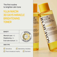 SOME BY MI Yuja Niacin Toner ingredients chart highlighting vitamins and Yuja extract.