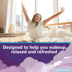 Sominex on nightstand in a calm bedroom for easier bedtime routine.