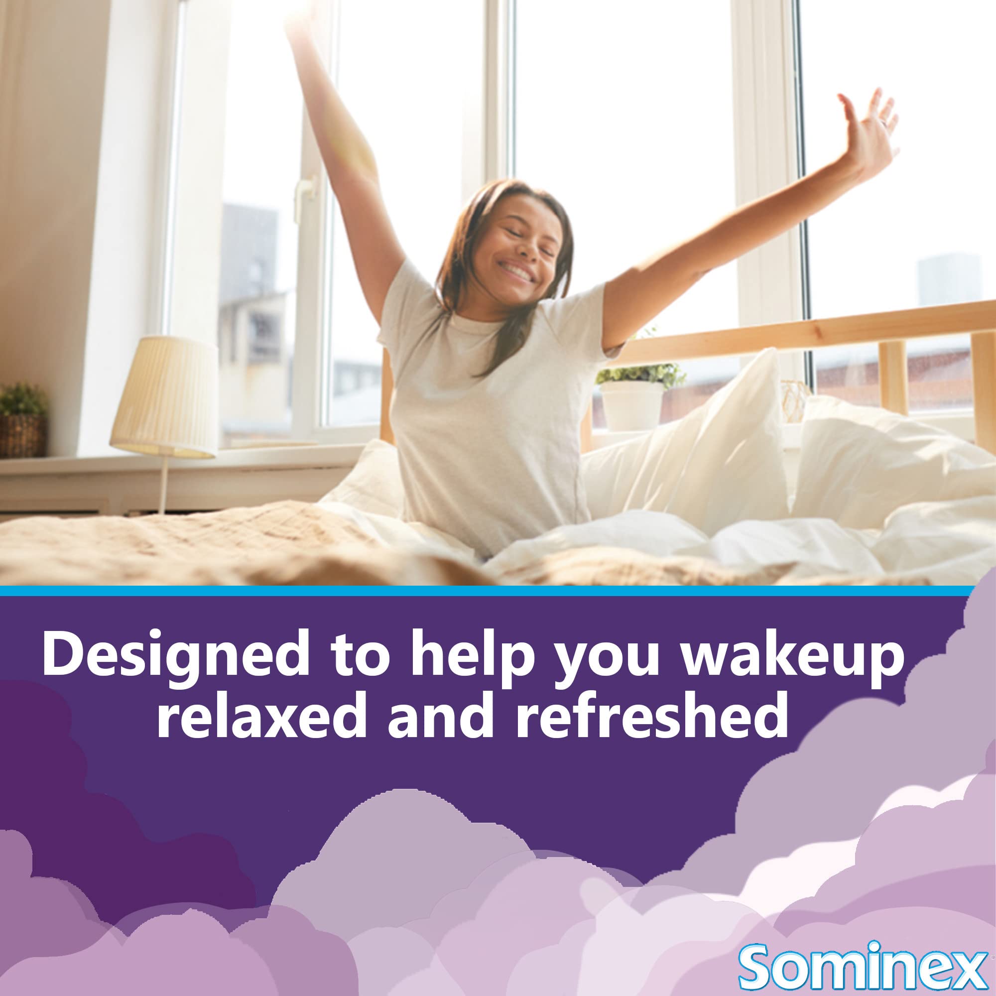 Sominex Nighttime Sleep-Aid bedroom scene conveys a restful night