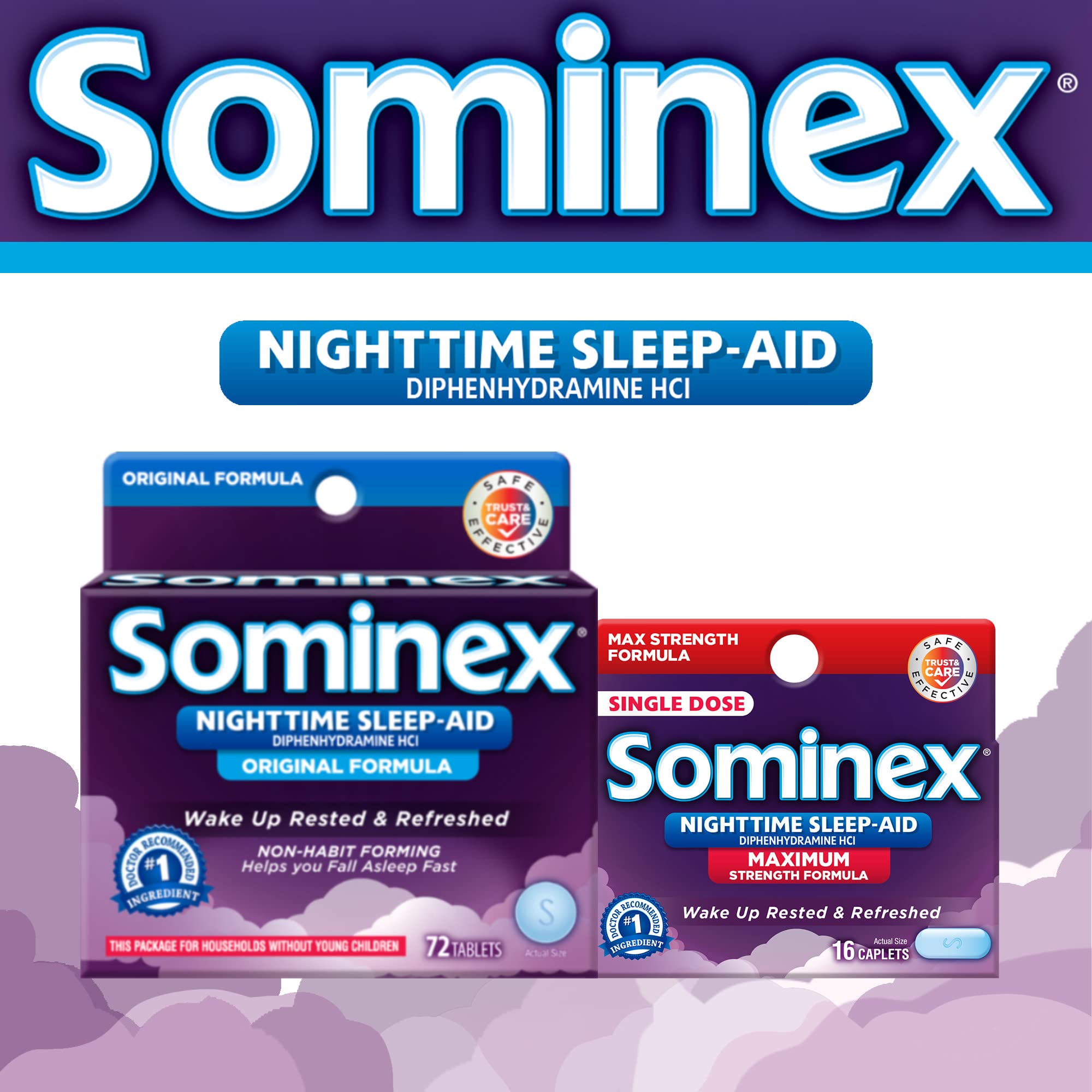 Sominex Diphenhydramine ingredient close-up highlights active sleep-support ingredient