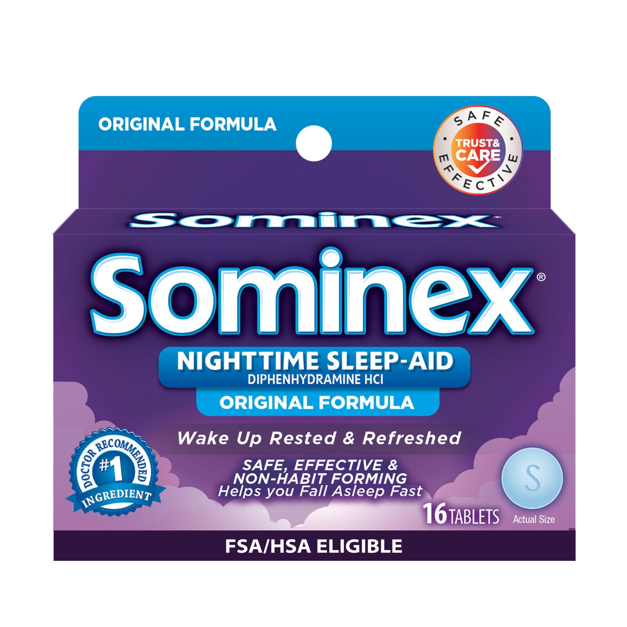 Sominex Original Formula 16-tablet packshot promoting restful sleep.
